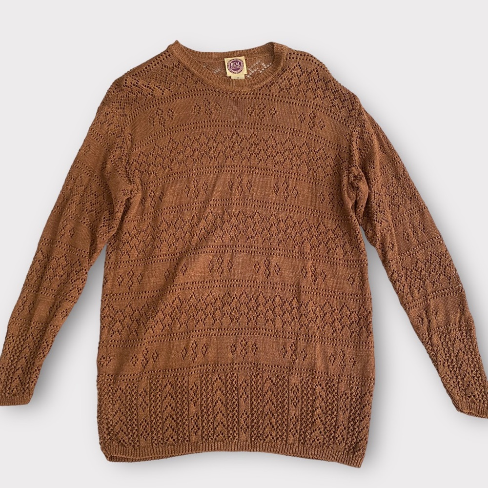 Vintage Saks Fifth Avenue Women’s Sweater Medium Linen Blend Crochet Detail - Picture 1 of 5
